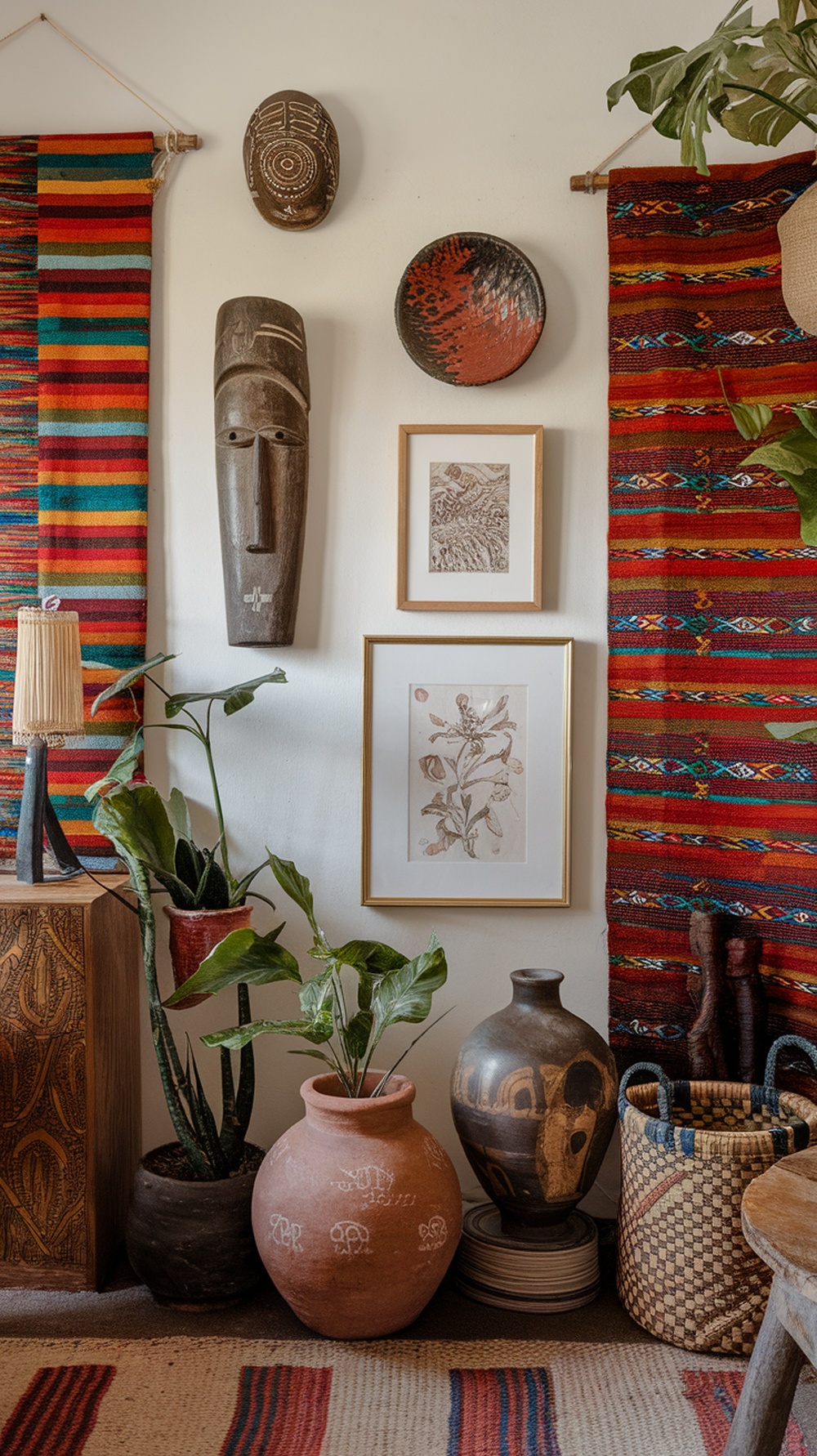 A small home office with colorful textiles, cultural artifacts, and plants, showcasing a fusion of global decor.