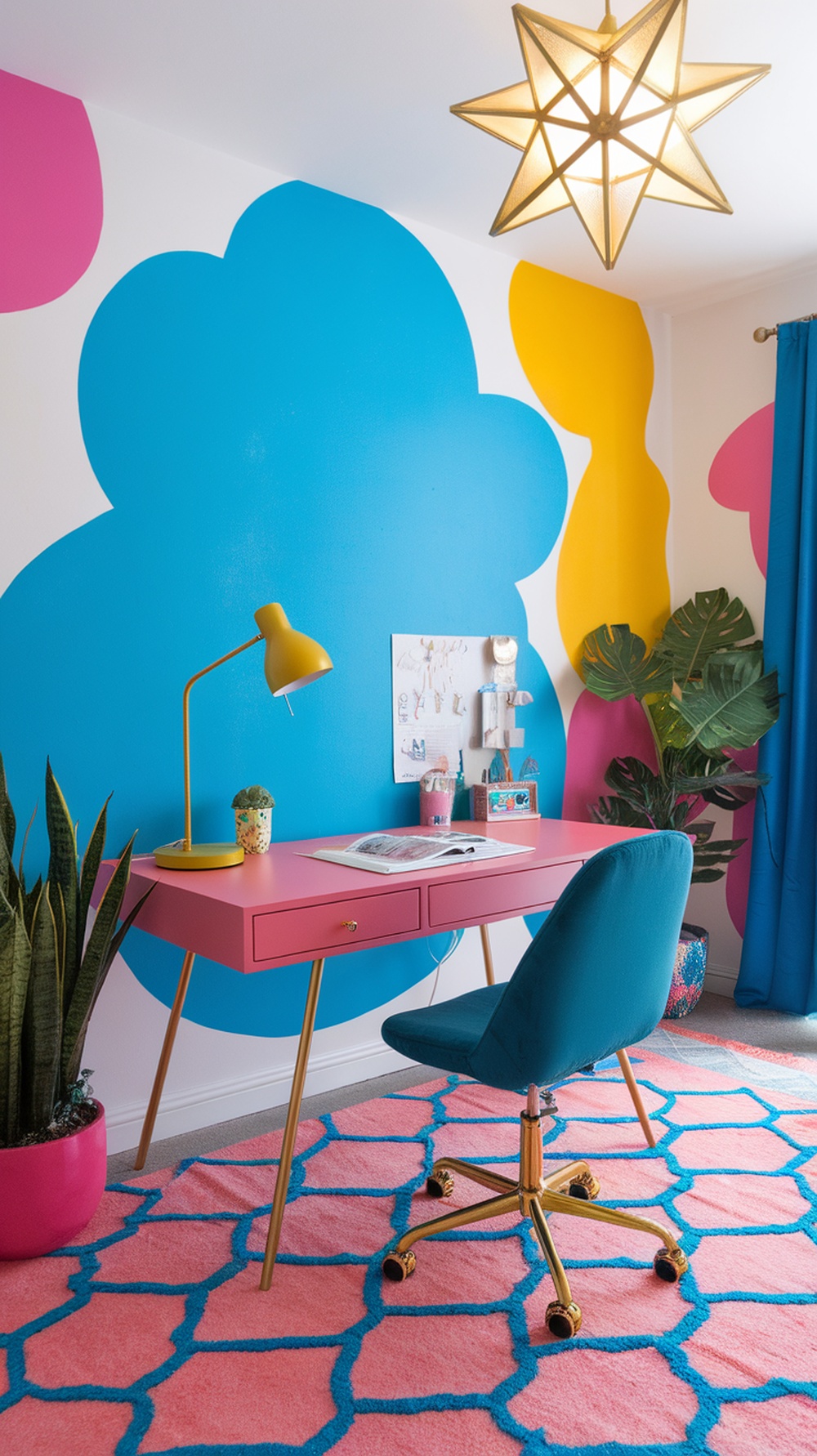 Brightly colored home office with playful decor, featuring a pink desk, blue chair, and colorful wall art.