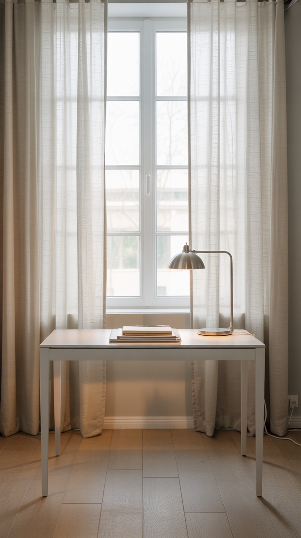 A bright and airy home office setup with a minimalist desk, lamp, and sheer curtains