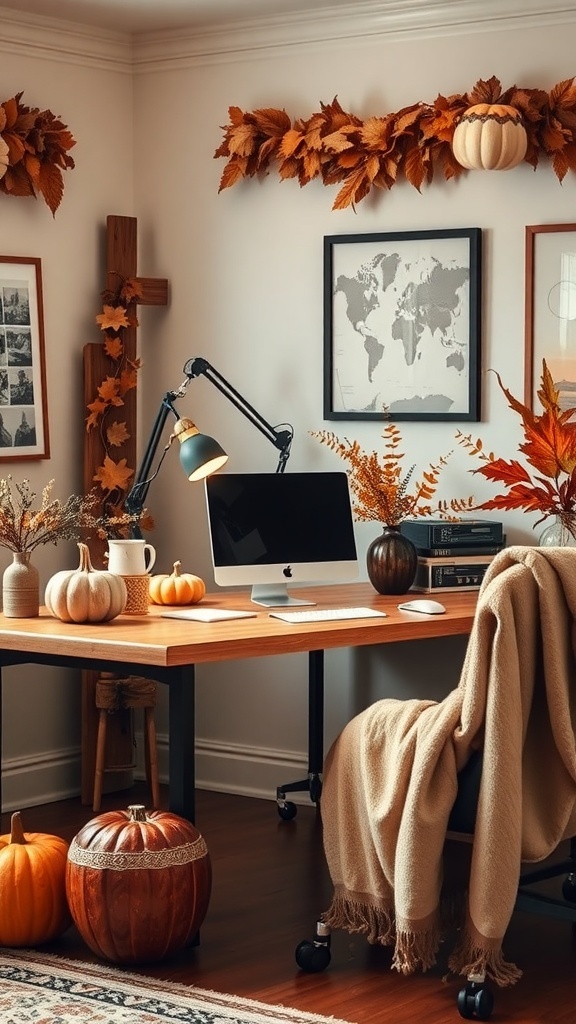 A cozy home office decorated for autumn with pumpkins, leaves, and warm colors.