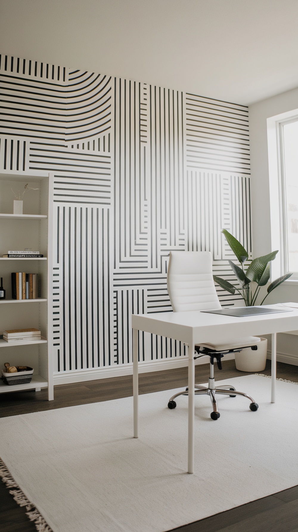 A modern home office with minimalist black and white line wallpaper.