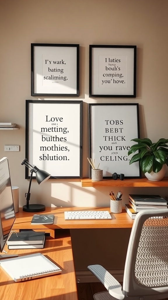 A cozy home office with framed inspirational quotes on the wall, a wooden desk, and a plant.