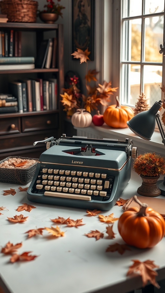 A vintage typewriter on a desk surrounded by autumn leaves and pumpkins, creating a cozy fall aesthetic.
