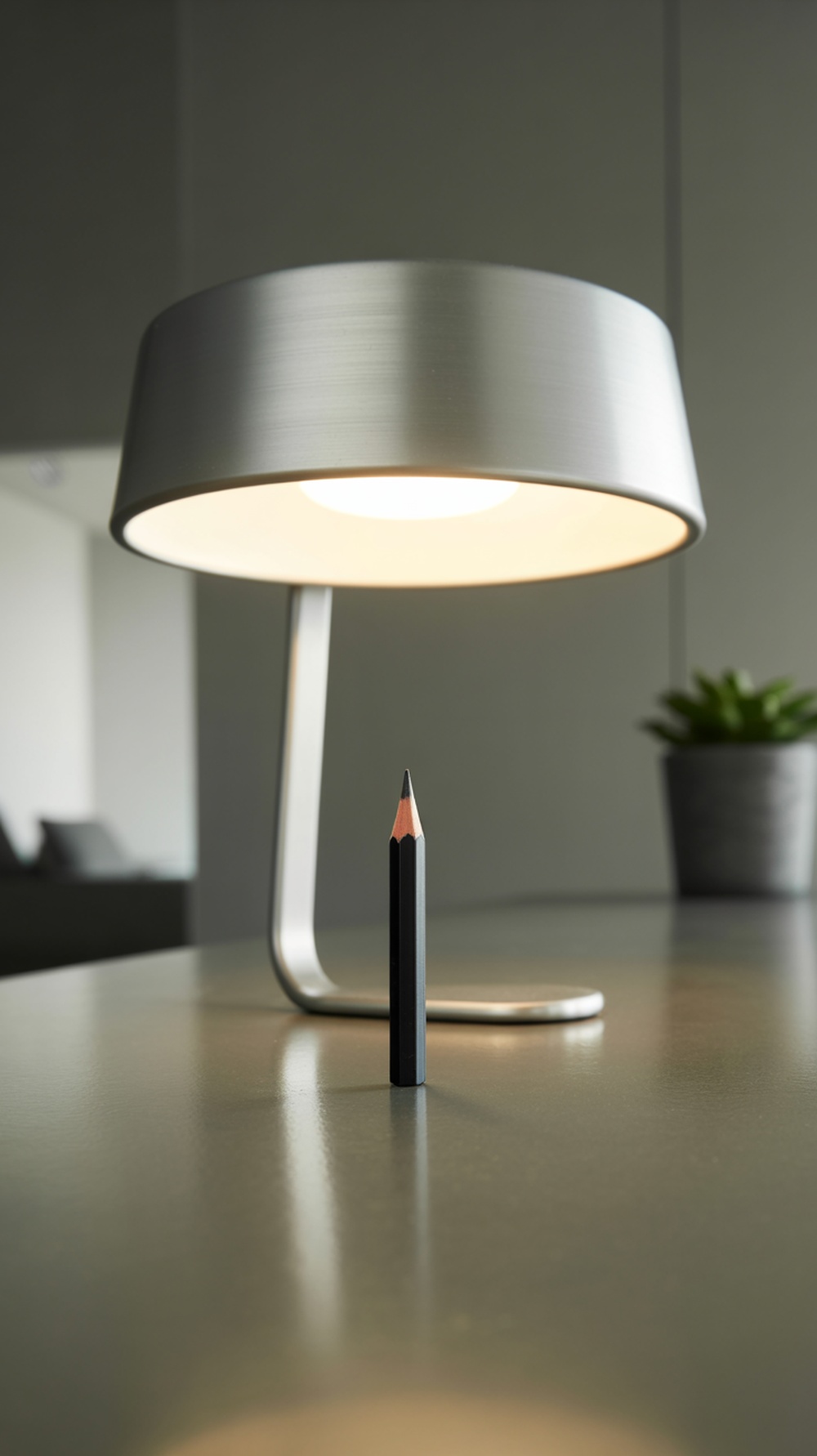 A sleek monochrome home office setup featuring a lamp and a black pencil on a minimal desk.