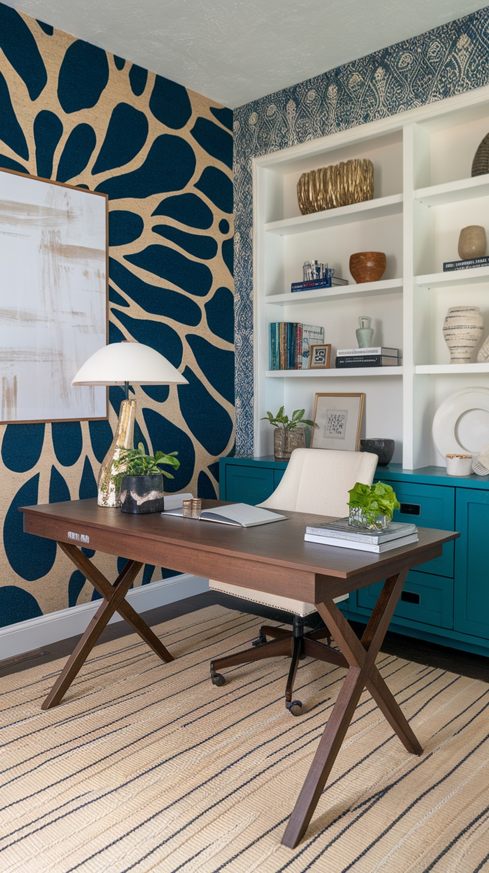 A stylish home office featuring bold patterned walls in blue and beige, a wooden desk, and modern decor elements.
