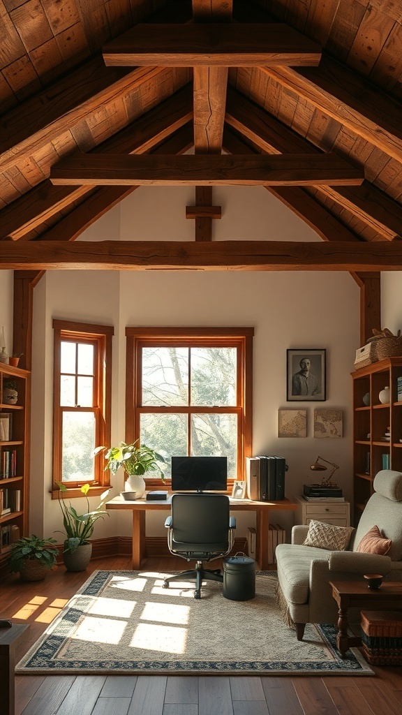 A cozy home office featuring rustic wooden beams, large windows, and a warm color palette.