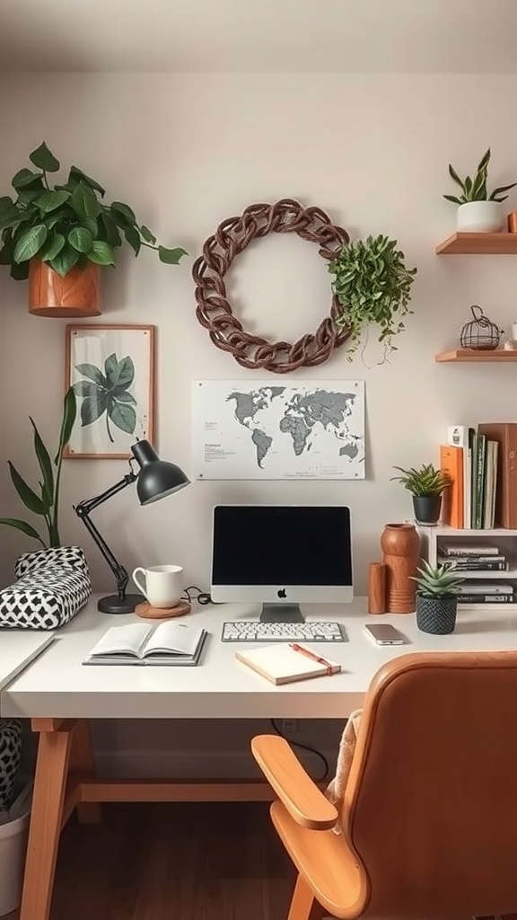 A cozy home office with plants, a wooden desk, and warm decor, embodying a cozy autumn aesthetic.