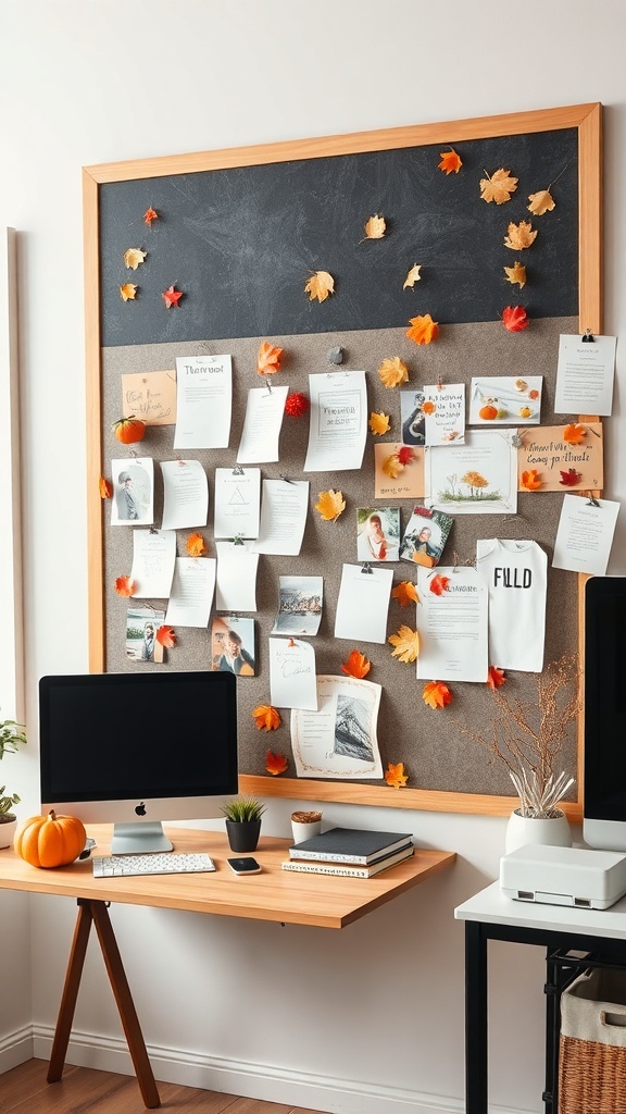 A seasonal bulletin board decorated with autumn leaves, notes, and small pumpkins in a cozy home office setting.