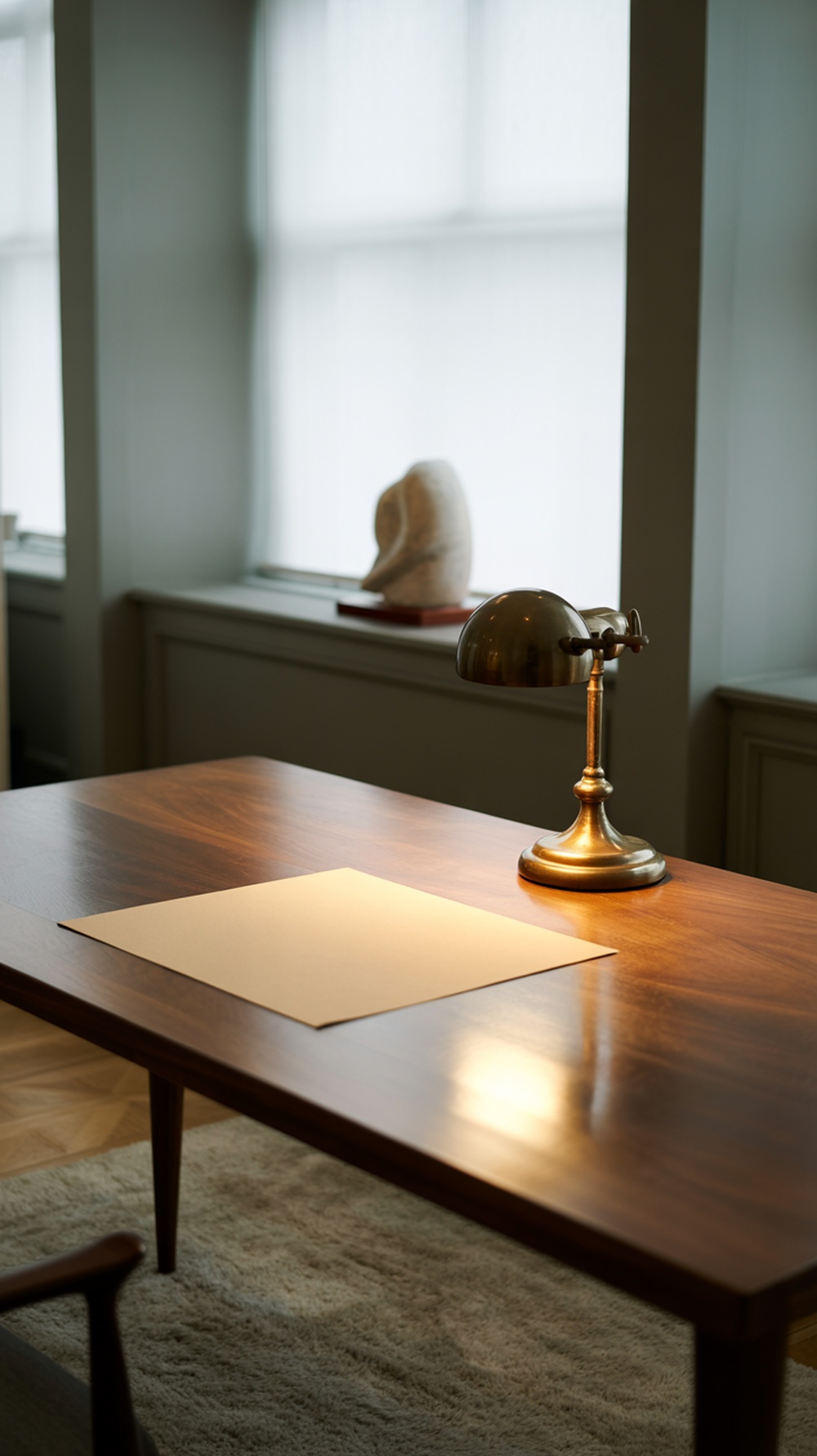 A minimalist home office setup featuring a wooden desk, brass lamp, and a piece of paper.