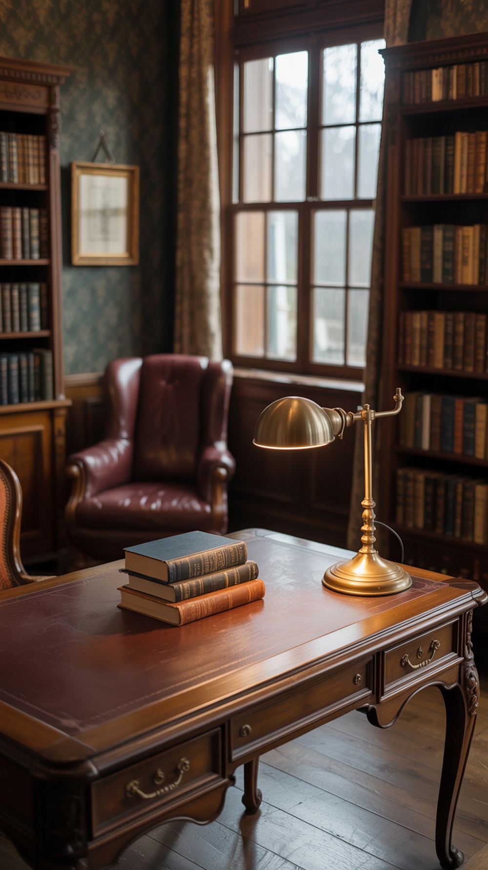 A classic vintage home office with a wooden desk, leather chair, brass lamp, and bookshelves filled with vintage books.