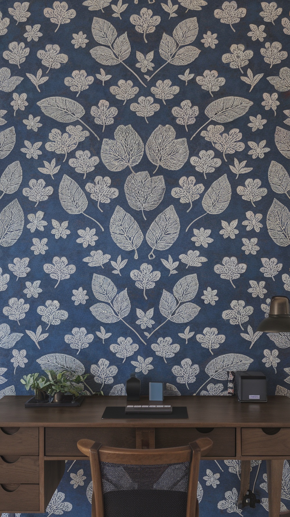 A wallpaper design featuring floral and celestial motifs on a deep blue background.