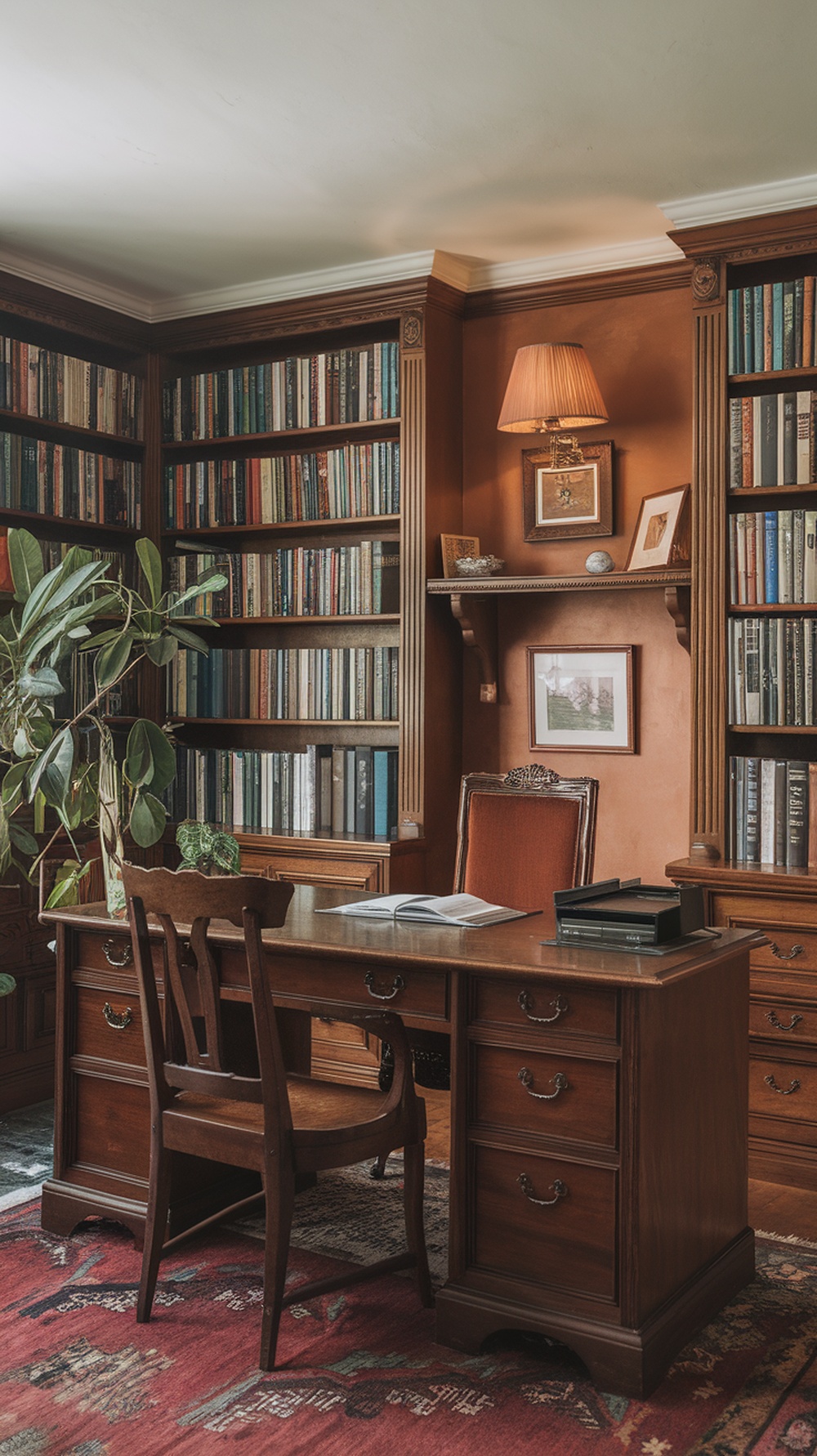 A traditional home office featuring a wooden desk, bookshelves filled with books, and warm lighting.