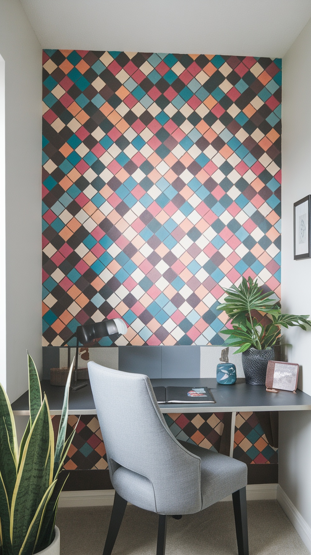 A modern mosaic wallpaper in a home office setting featuring colorful diamond patterns.