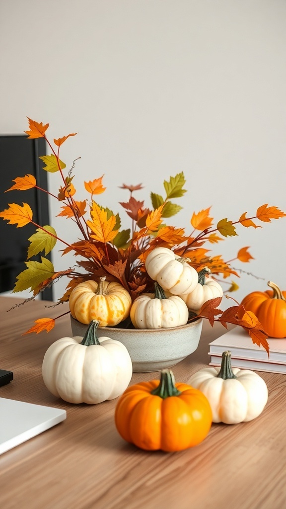 A cozy autumn table centerpiece featuring pumpkins and autumn leaves.