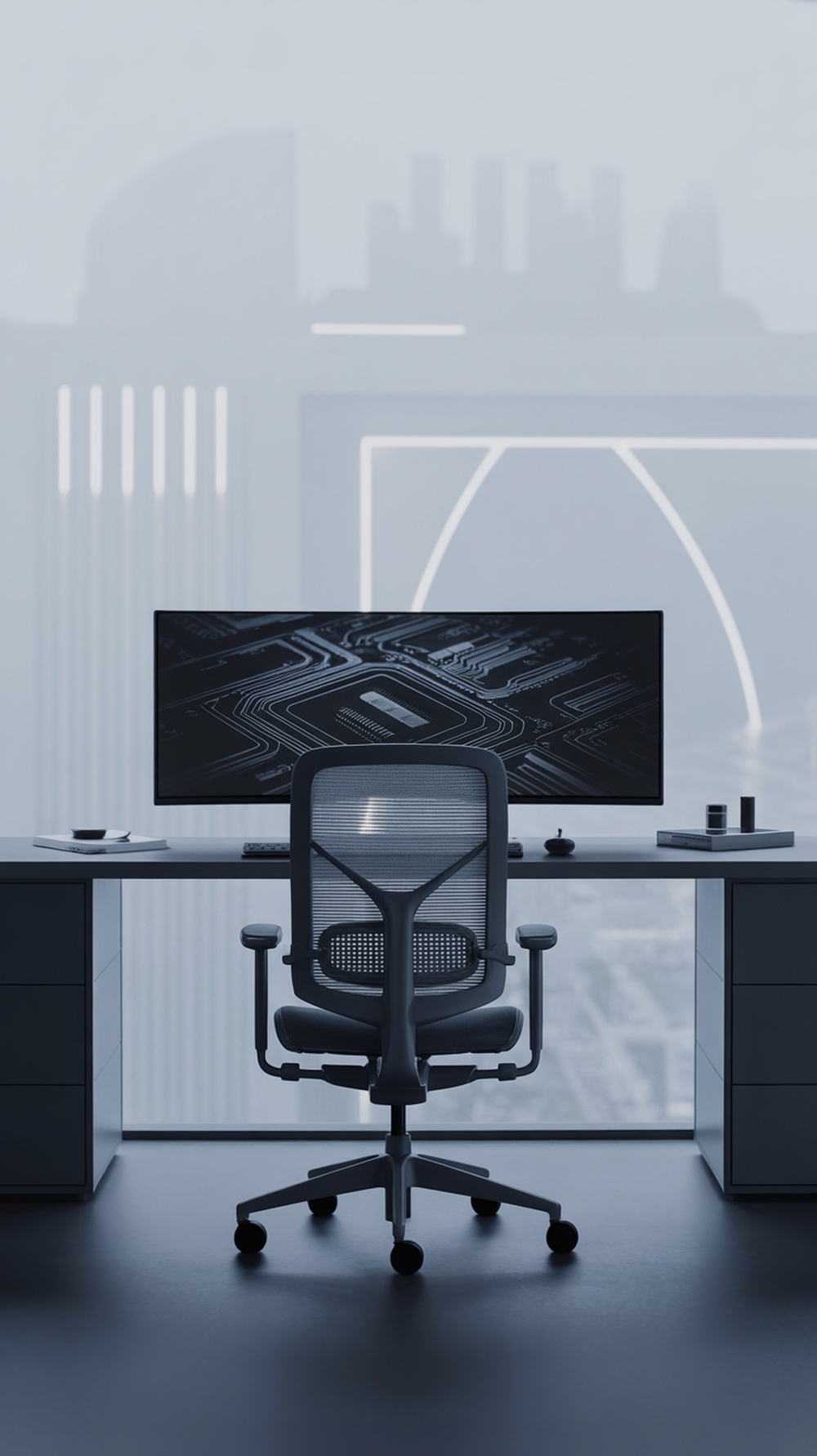 A modern home office setup featuring a sleek desk, ergonomic chair, and large monitor with a city view.