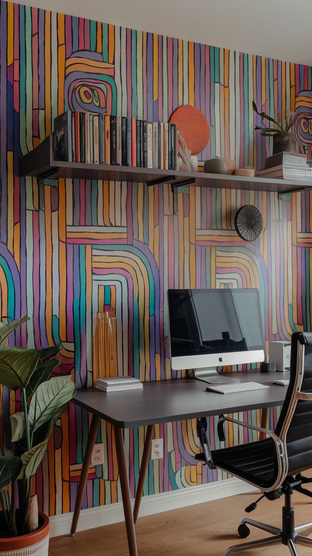 A colorful retro patterned wallpaper in a home office setting with a desk and computer.