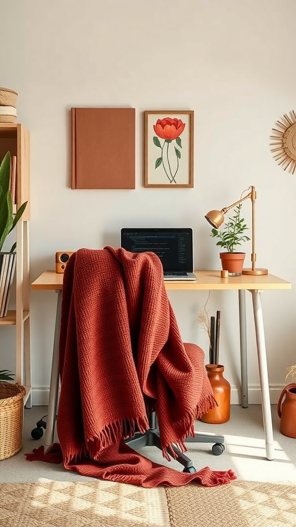 A cozy home office featuring a rusty red throw blanket draped over a chair, with a desk, plants, and artwork in the background.