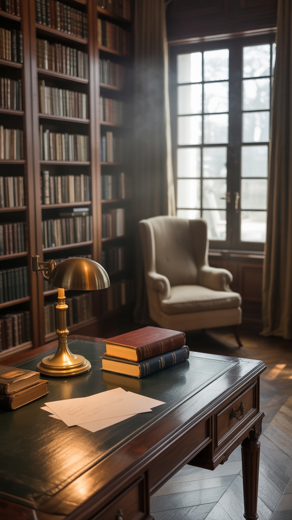 A classic library office featuring wooden bookshelves, a desk with a lamp, and an armchair.