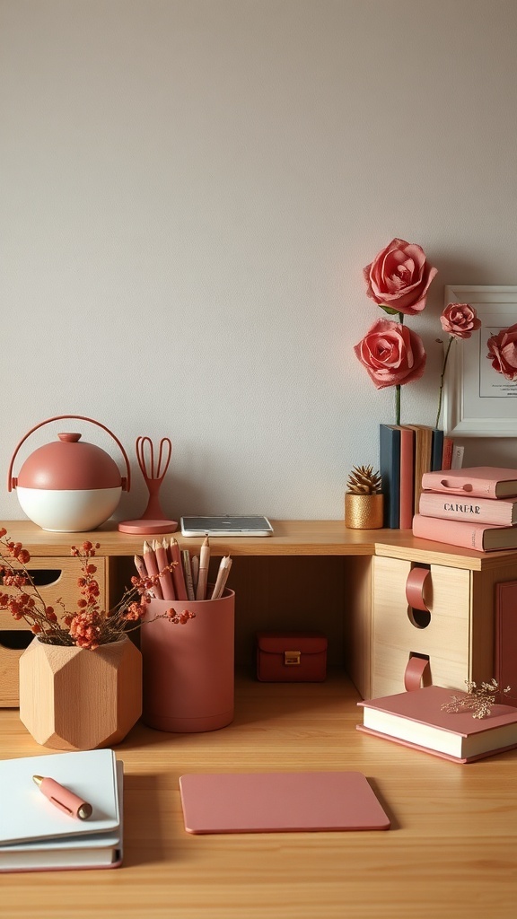 A stylish desk setup featuring dusty rose accessories, including a teapot, notebooks, and decorative flowers, set against a light background.