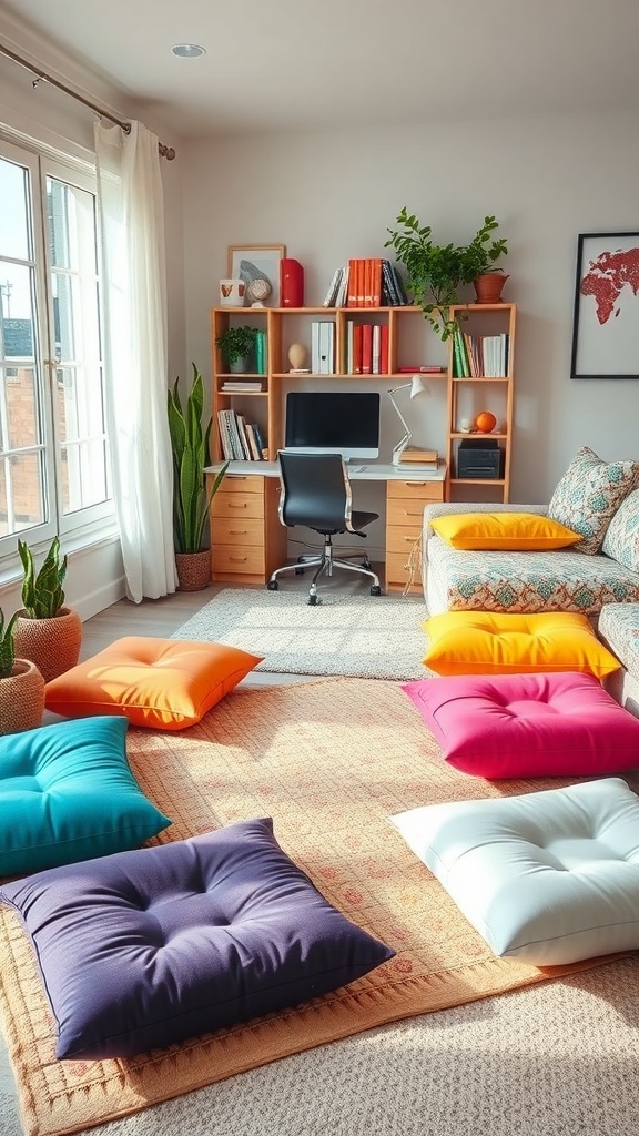 A cozy home office with colorful floor cushions arranged on a rug, creating a warm and inviting atmosphere.