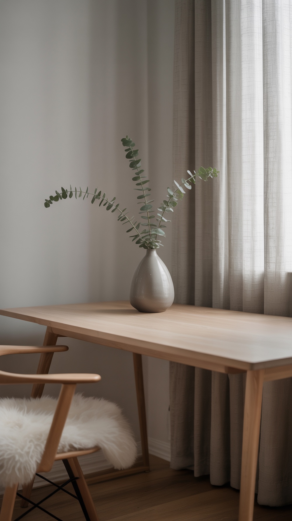 Minimalist Scandinavian home office setup with a wooden desk, a chair, and a vase of greenery.