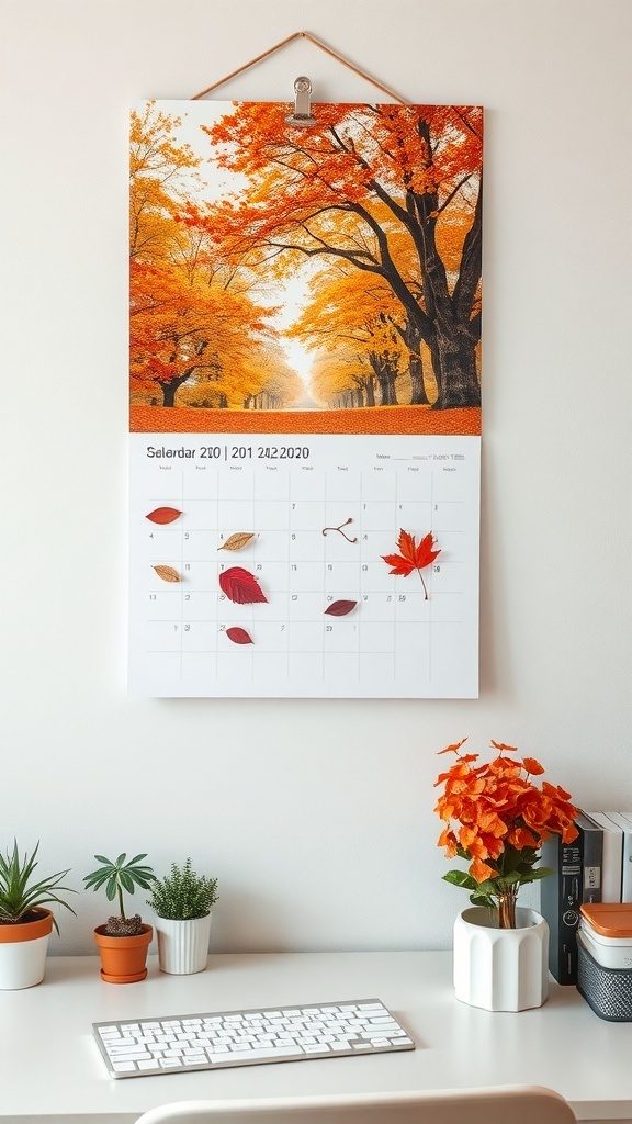 An autumn-themed wall calendar featuring vibrant orange trees, hanging above a desk with plants and a keyboard.