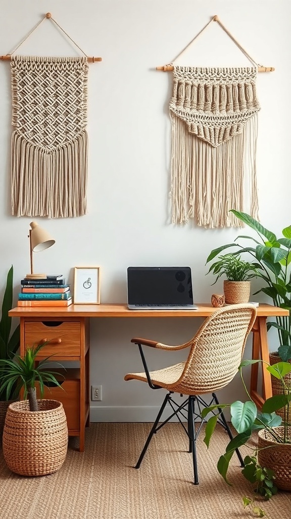 A cozy home office featuring macramé wall hangings, a wooden desk, and plants, creating a warm autumn aesthetic.