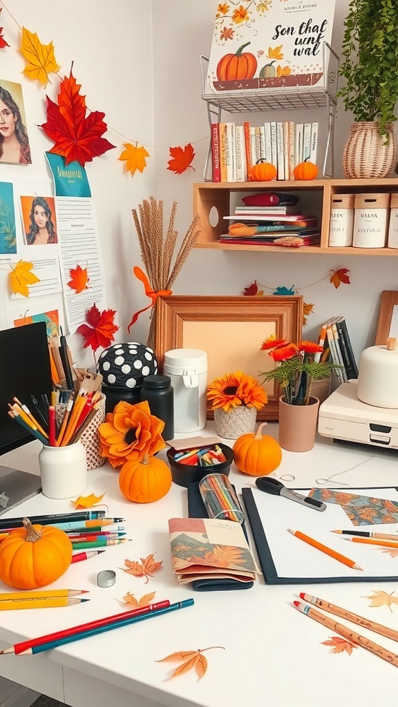 A cozy home office desk decorated with autumn-themed art supplies, pumpkins, and colorful leaves.