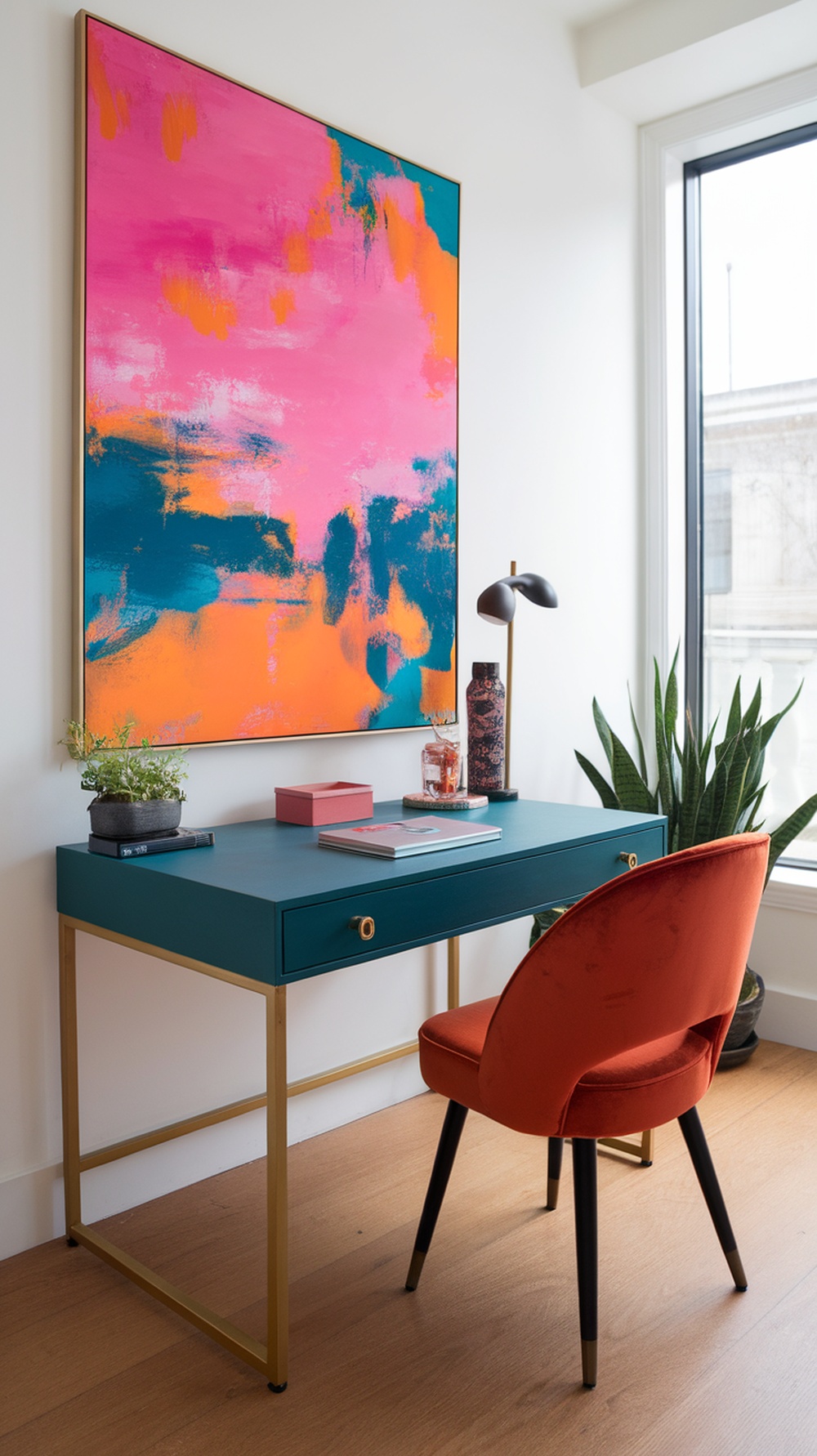 A small home office featuring a vibrant artwork, teal desk, and orange chair.