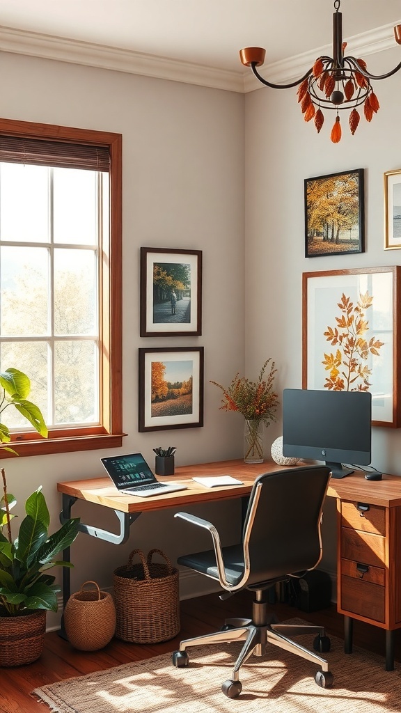 A cozy home office featuring rustic brown picture frames with autumn scenes, a wooden desk, and plants.