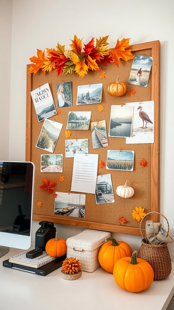 A bulletin board decorated with autumn leaves, notes, and a computer setup in a cozy home office.