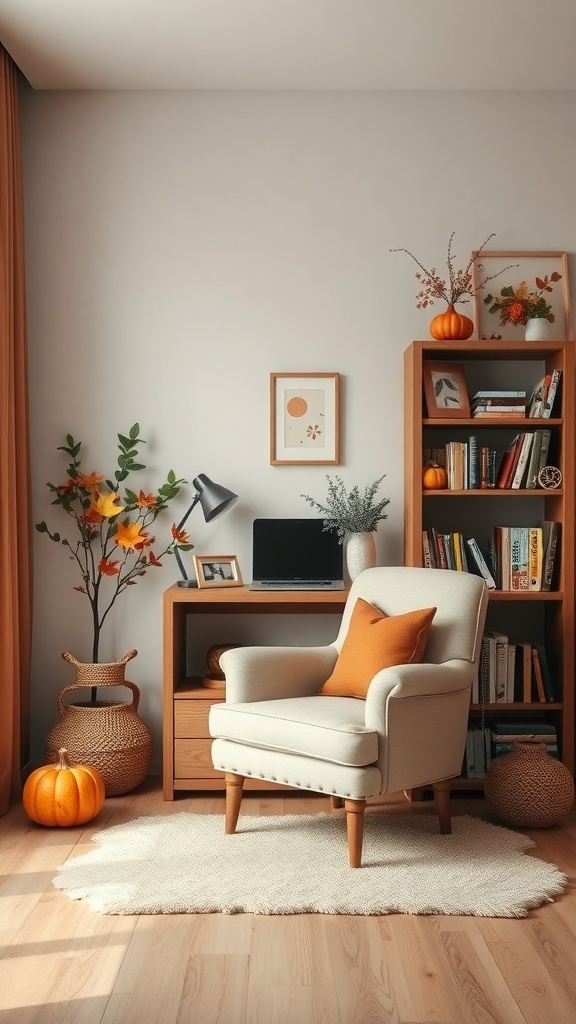 A cozy reading nook with a soft armchair, pumpkins, and autumn decorations.