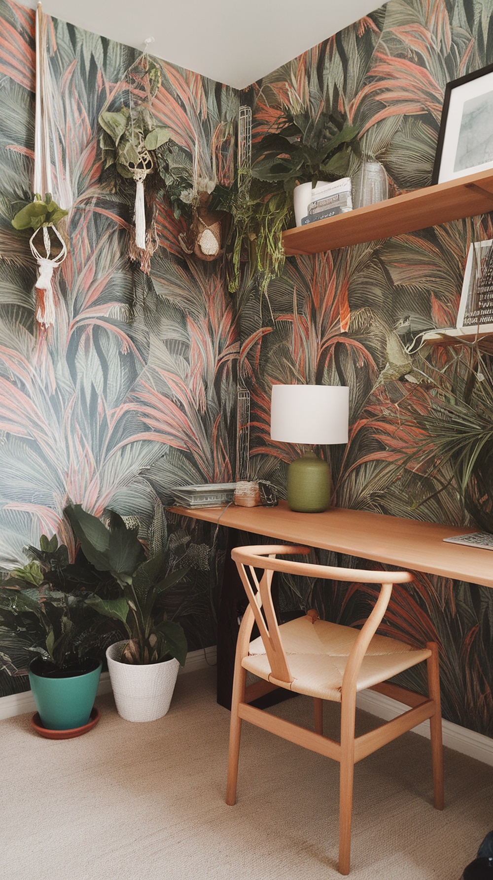 A home office with tropical wallpaper featuring lush leaves and plants, a wooden desk, and decorative items.