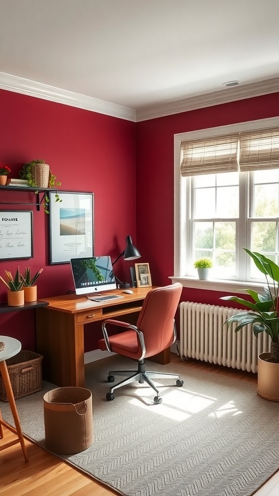 Home office with garnet red walls, wooden desk, and natural light