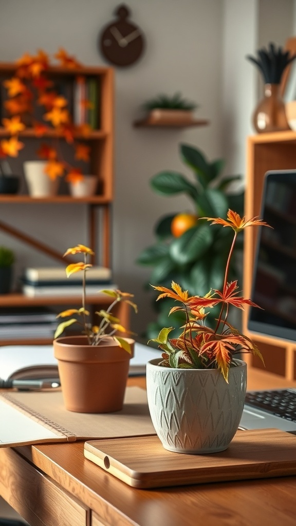 A cozy home office desk with two autumn-inspired plants, one in a terracotta pot and the other in a textured white pot, surrounded by warm wooden decor.
