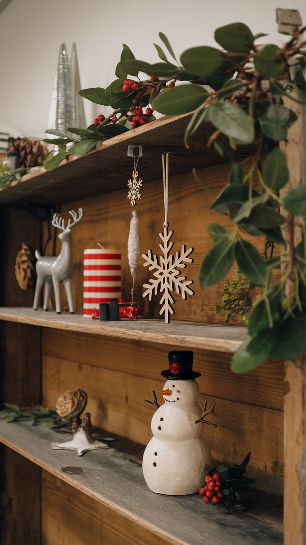 Rustic wooden shelves decorated with winter accents including a snowman, greenery, and candles.
