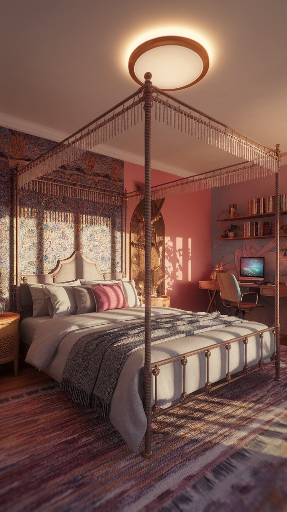 A cozy bohemian bedroom featuring a soft ambient rug, a four-poster bed, and a modern desk setup.