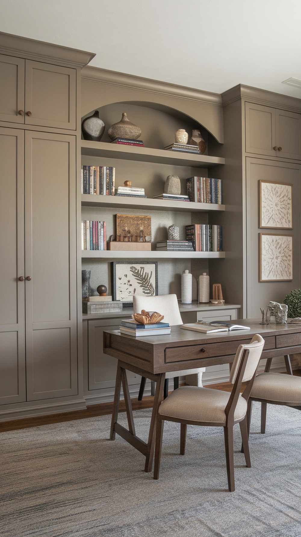 Stylish home office with organized shelves and a wooden desk, featuring neutral decor and cozy elements.