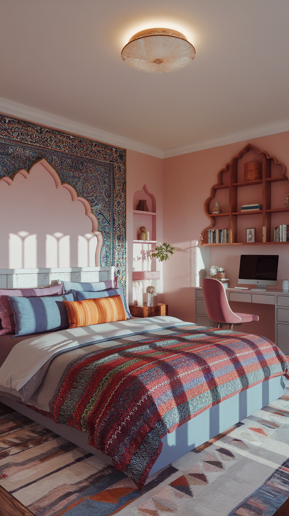 A cozy bohemian bedroom featuring a stylish desk, vibrant textiles, and a patterned wall.