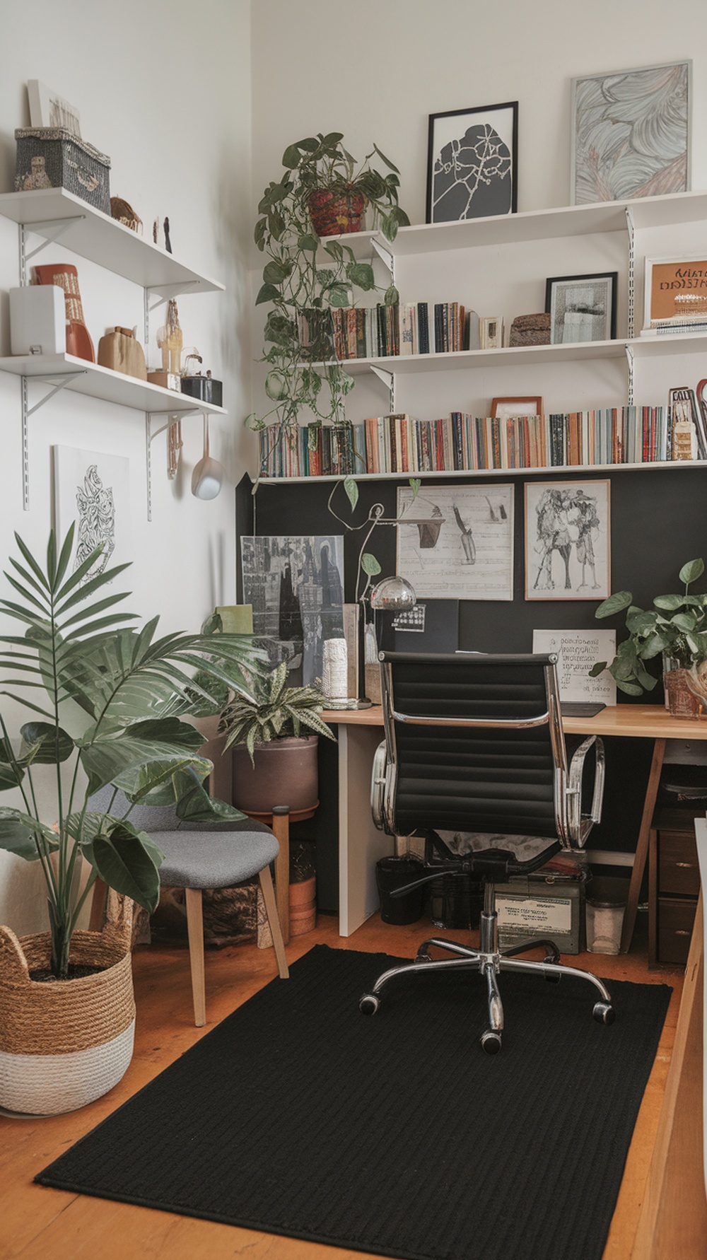 A cozy dark office space featuring a black rug, plants, and stylish furniture.