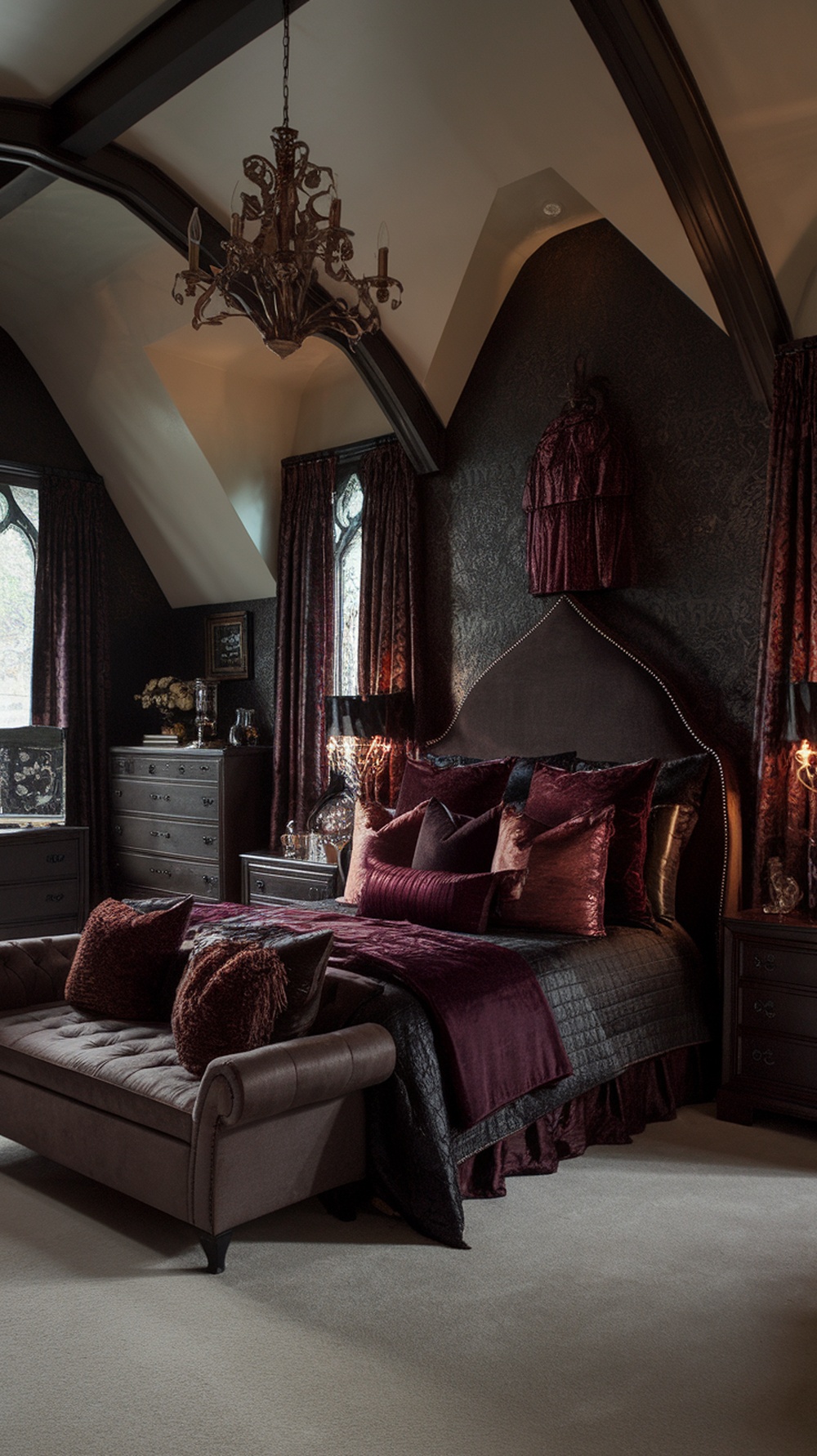 A gothic bedroom featuring richly textured throw pillows in deep colors, enhancing the overall aesthetic.