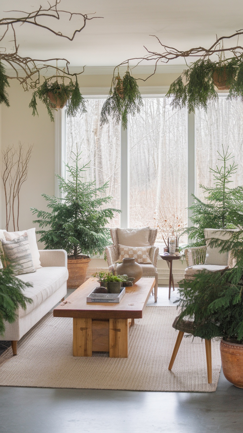A cozy living room with natural elements and greenery, featuring plants, wooden shelves, and neutral tones.