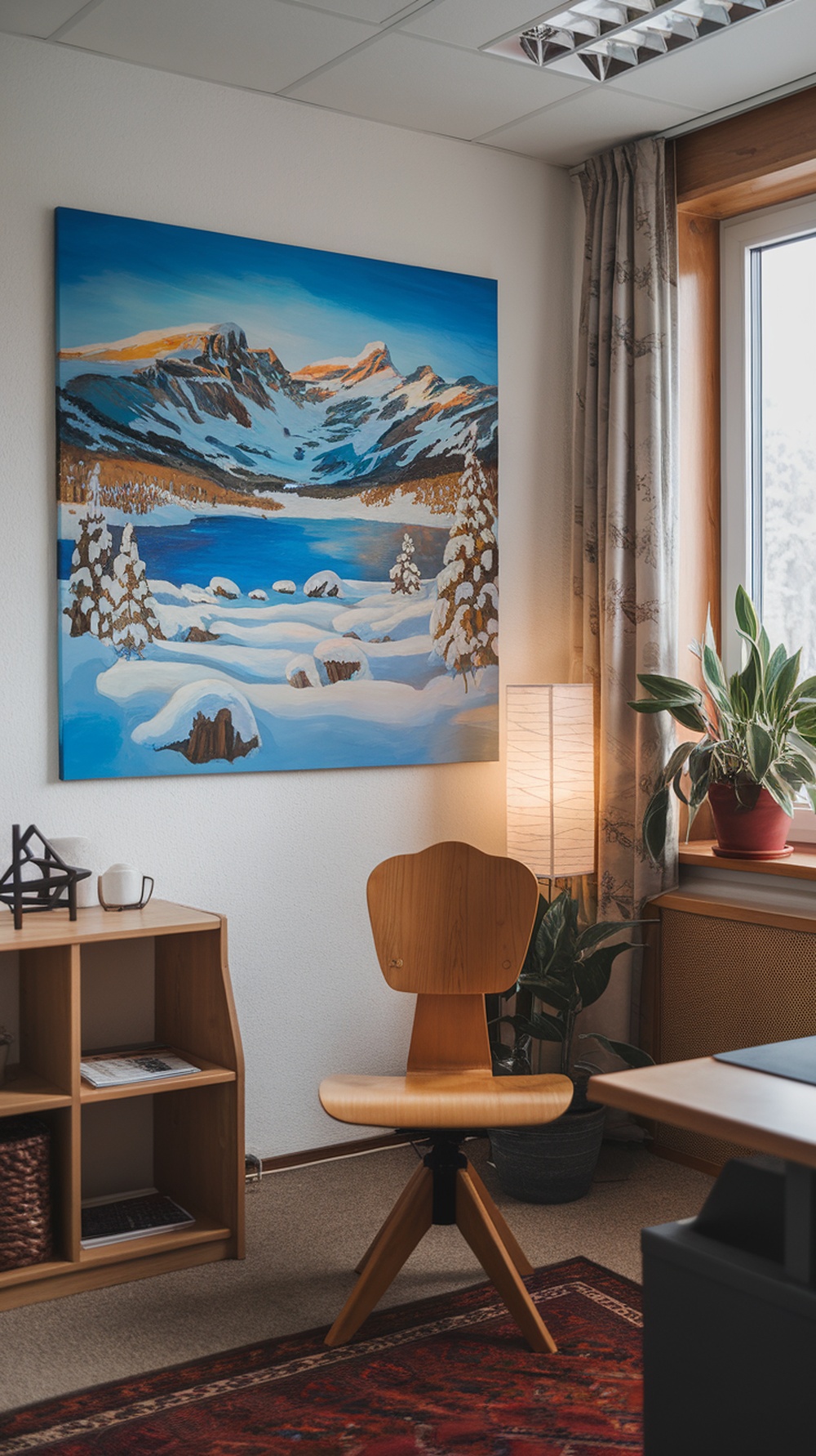 A winter-themed painting of snow-covered mountains in an office setting.