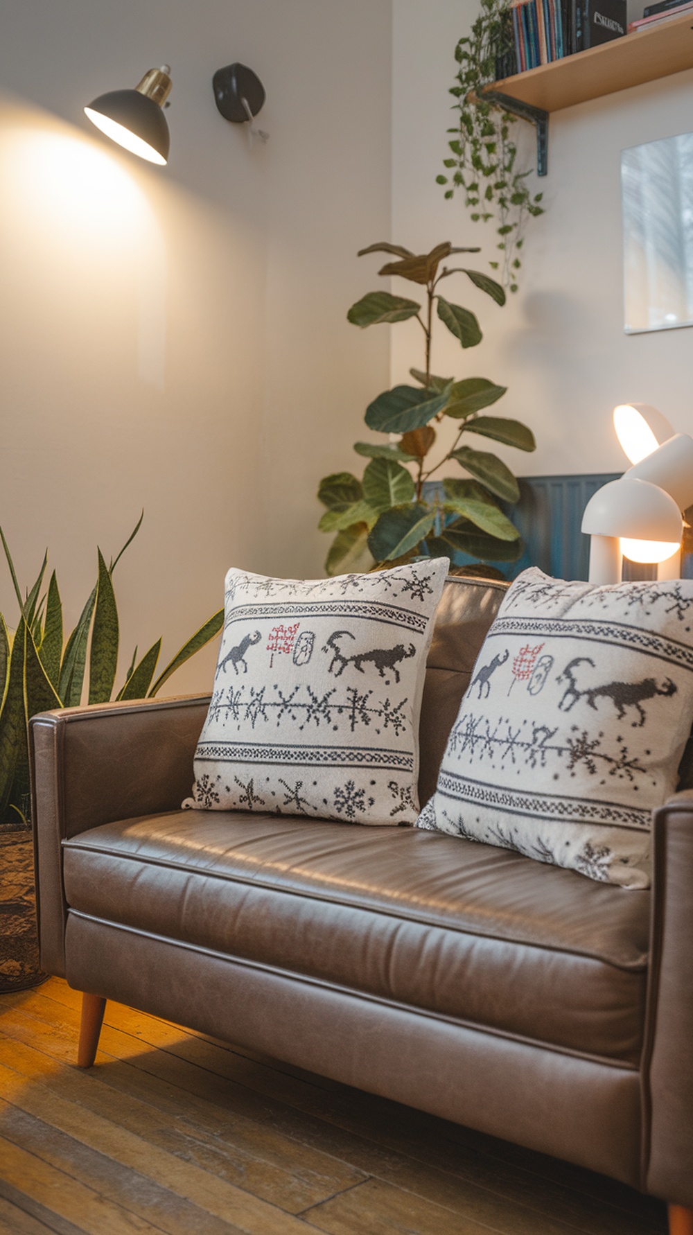 A cozy living room with a brown couch featuring patterned throw pillows, a plant, and warm lighting.