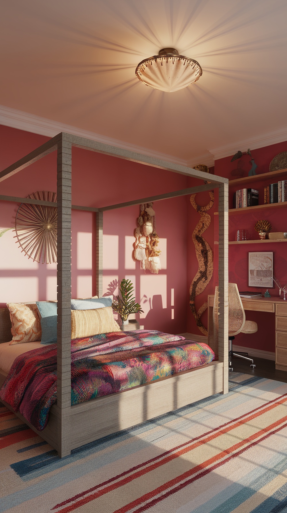 A cozy bohemian bedroom featuring a four-poster bed with colorful bedding, earthy wall colors, and a vibrant rug.