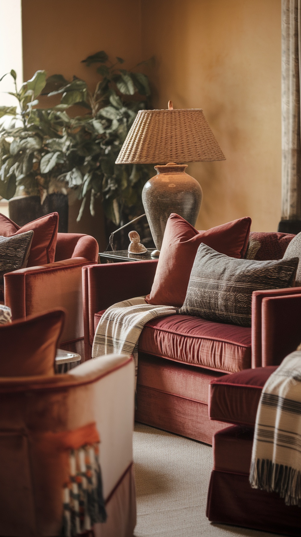 Cozy winter living room with layered textures, featuring velvet sofas, decorative pillows, and a warm throw blanket.