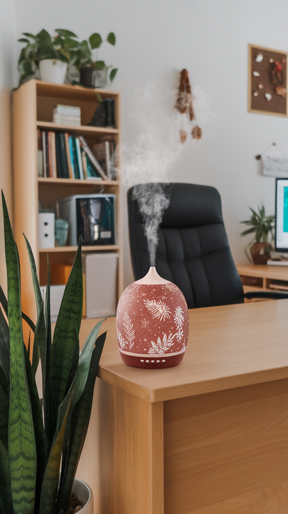 A decorative fragrance diffuser on a wooden desk in a home office, emitting a gentle mist.