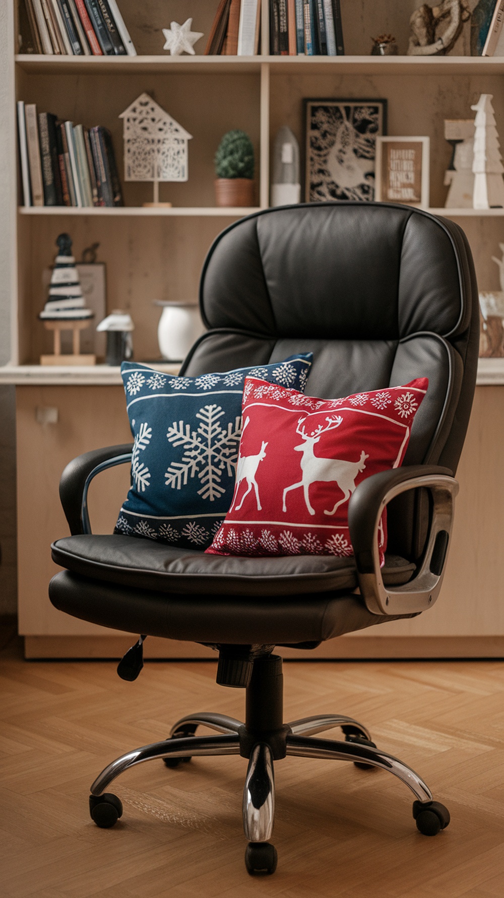A black office chair with winter-themed throw pillows featuring a snowflake design and a reindeer design.