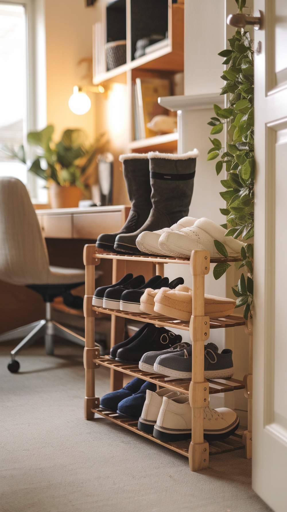 A wooden shoe rack displaying various comfortable footwear in a cozy home office setting.
