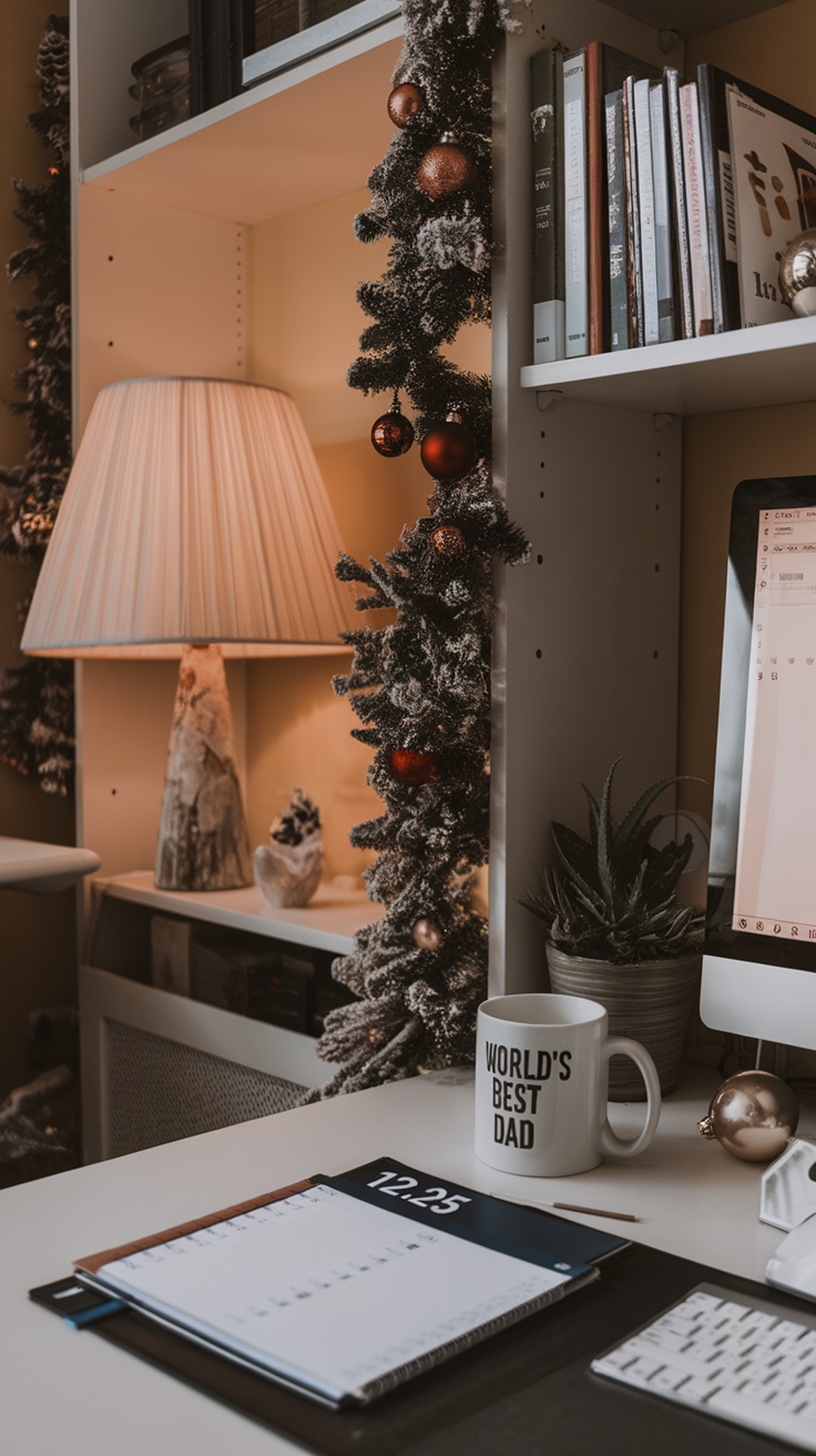 A cozy home office decorated for winter with a garland, ornaments, and a lamp.